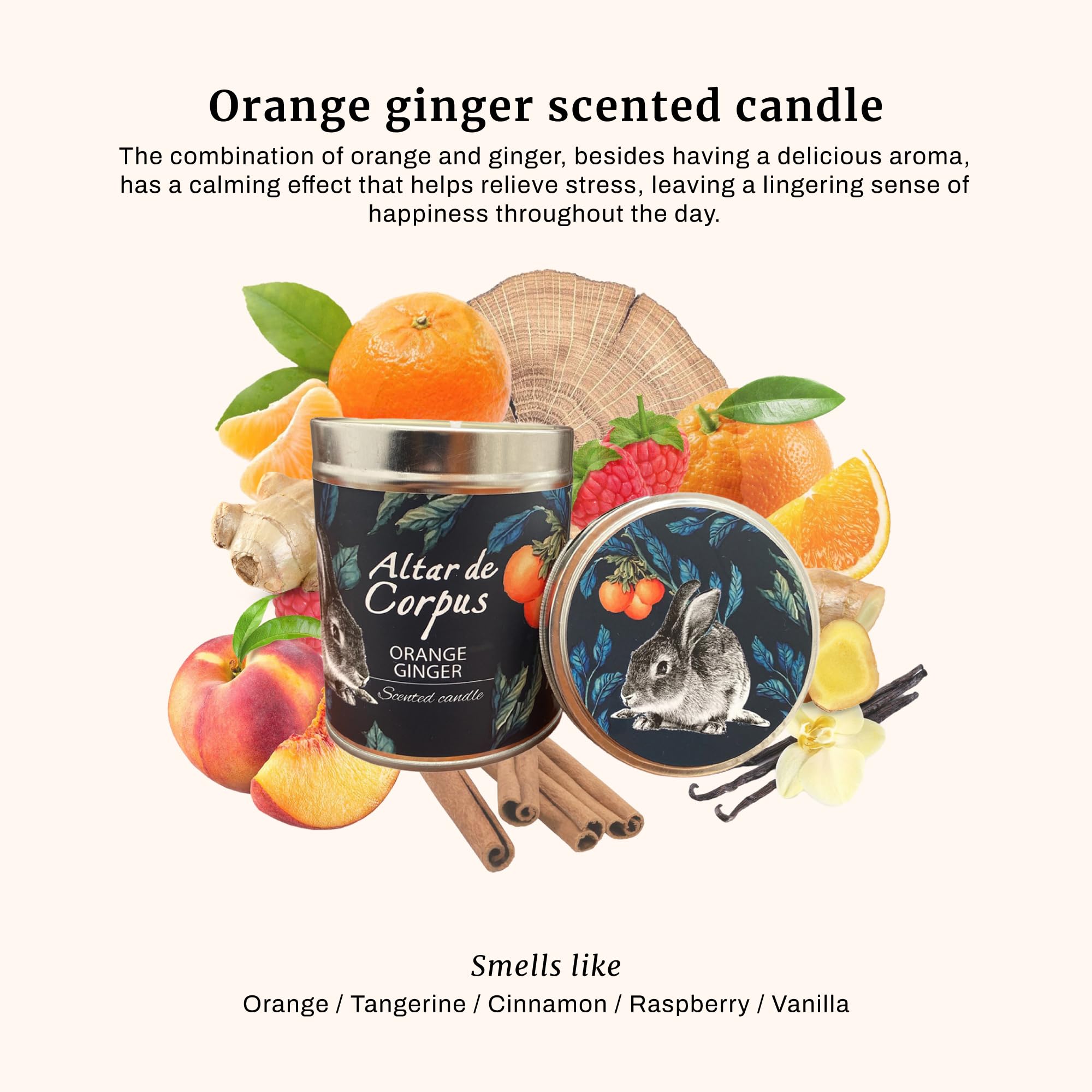 Vela Altar de Corpus naranja jengibre, diseño en lata decorativa para estantería.
