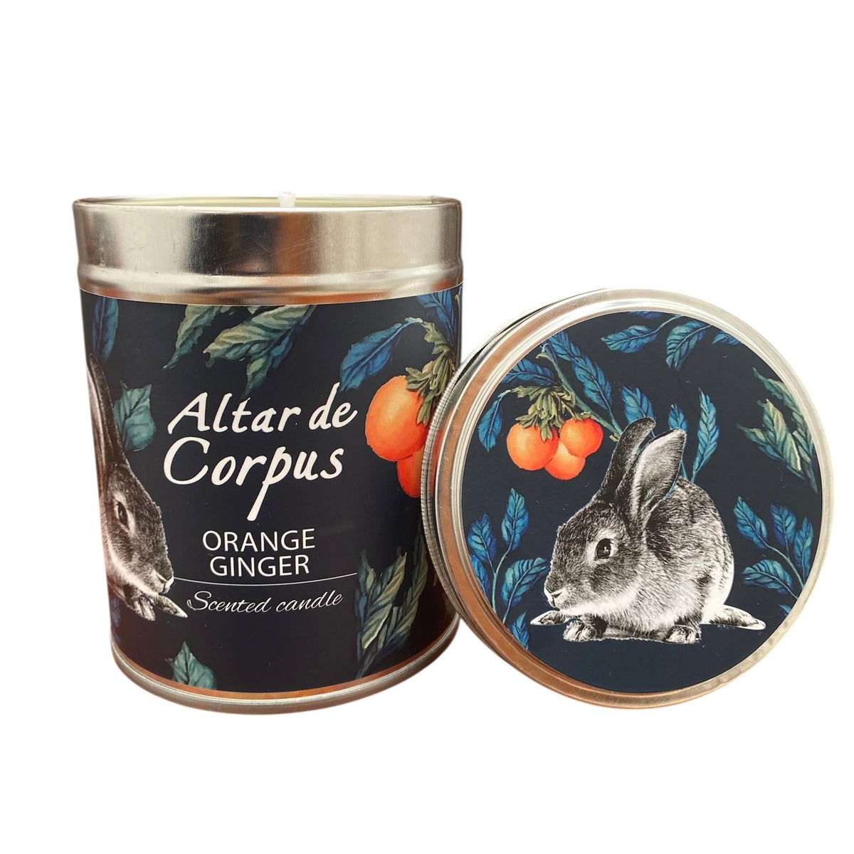 Vela Altar de Corpus naranja jengibre, empaque elegante para sala de estar.