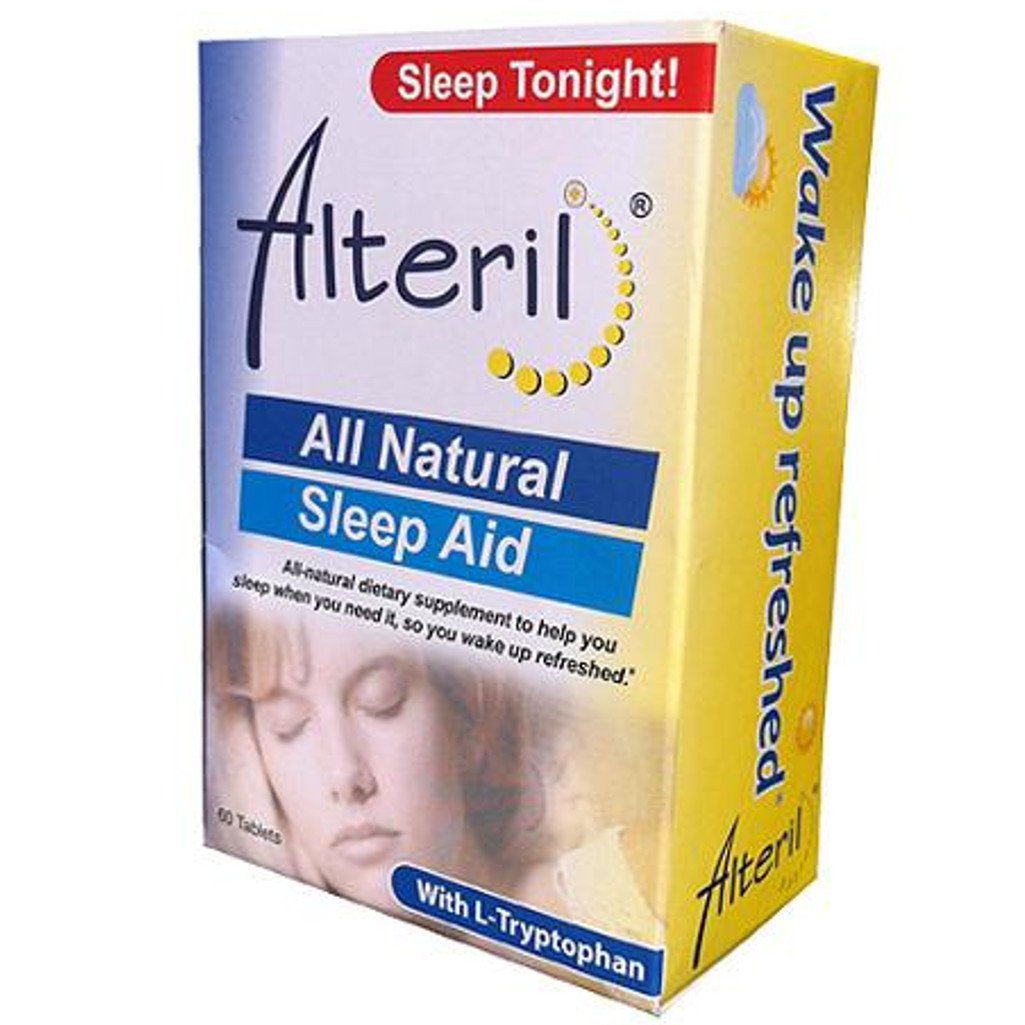 Alteril: botella de tabletas para dormir, diseño compacto ideal para la rutina nocturna.