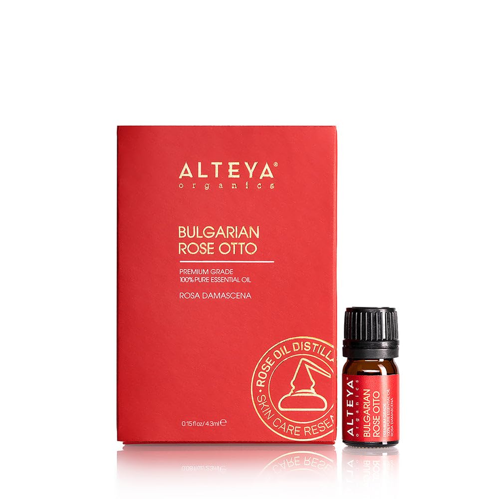 Alteya Organics Aceite Esencial de Rosa, botella, aroma floral para perfumar y relajación.