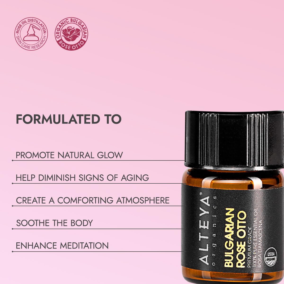 Alteya Organics aplicación en la piel con una gota para un cuidado suave.