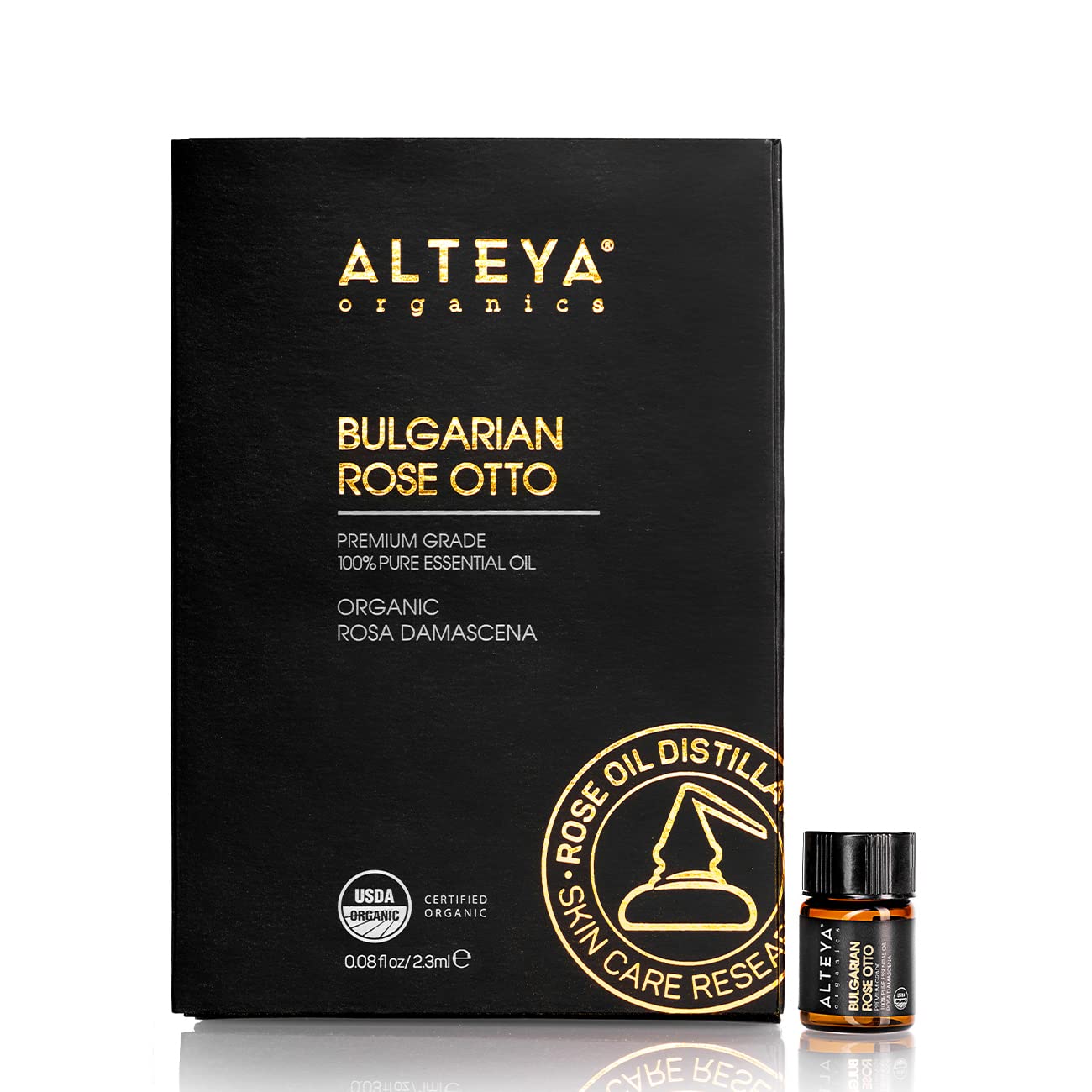 Alteya Organics aceite esencial rosa bulgara en frasco, aroma floral suave para difusor.