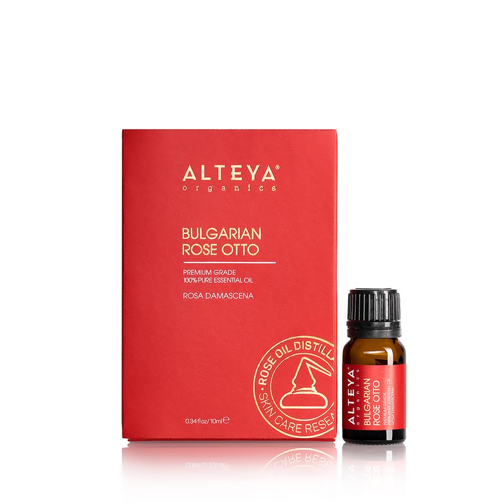 Alteya Organics Aceite Esencial Rosa Bulgaro, frasco Rose Otto, aroma relajante para aromaterapia