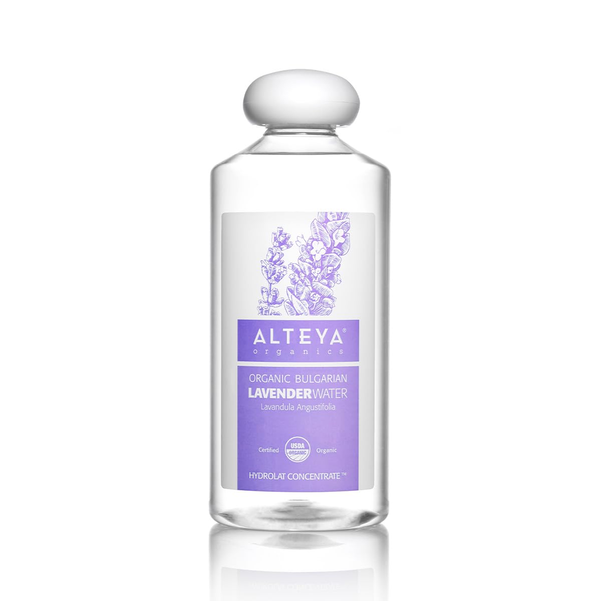 Alteya Organics agua de lavanda, botella frontal para cuidado facial suave.
