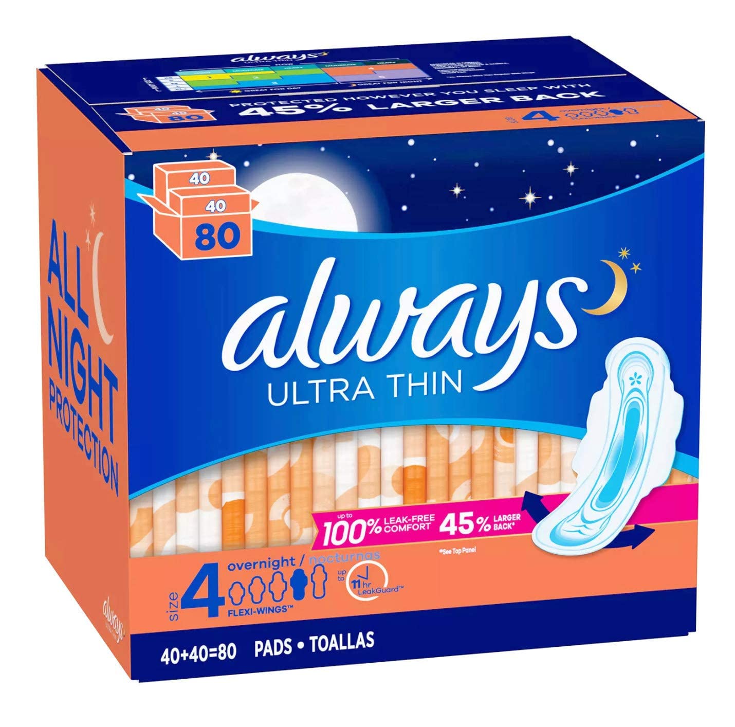 Always Ultra Delgada con Alas, cobertura trasera ampliada para mayor seguridad durante la noche.