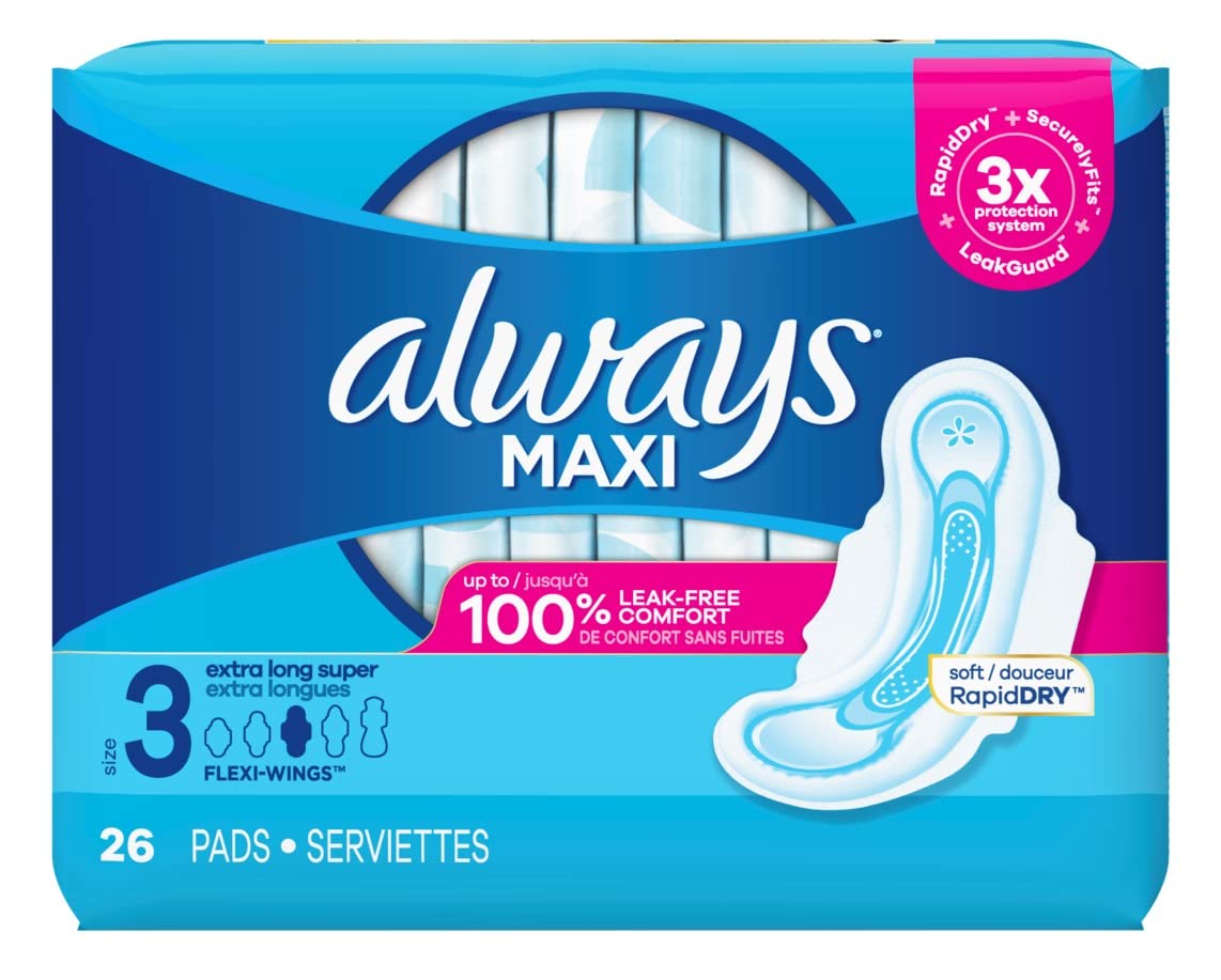 Always compresas Maxi Extra Largas: empaque de seis paquetes para mayor comodidad diaria.