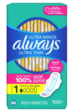 Always toallas ultrafinas en empaque de 3 unidades, cómodo para el día.