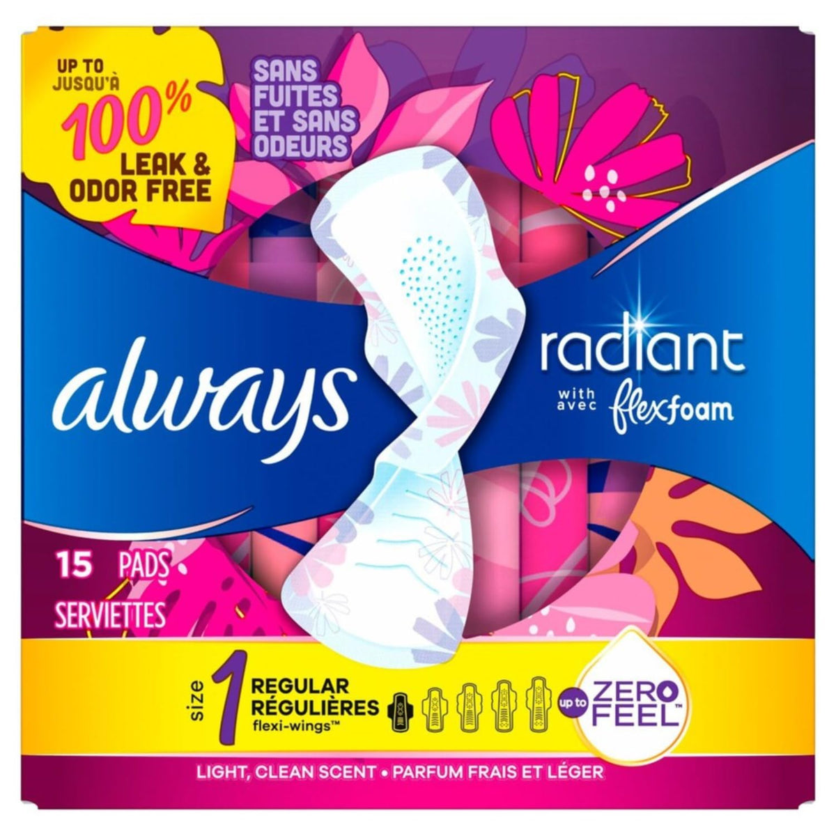 Always Radiant compresas con alas perfumadas, frente del empaque, protección diaria.