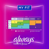 Always Radiant compresas con alas perfumadas, protección de hasta 8 horas para tranquilidad.