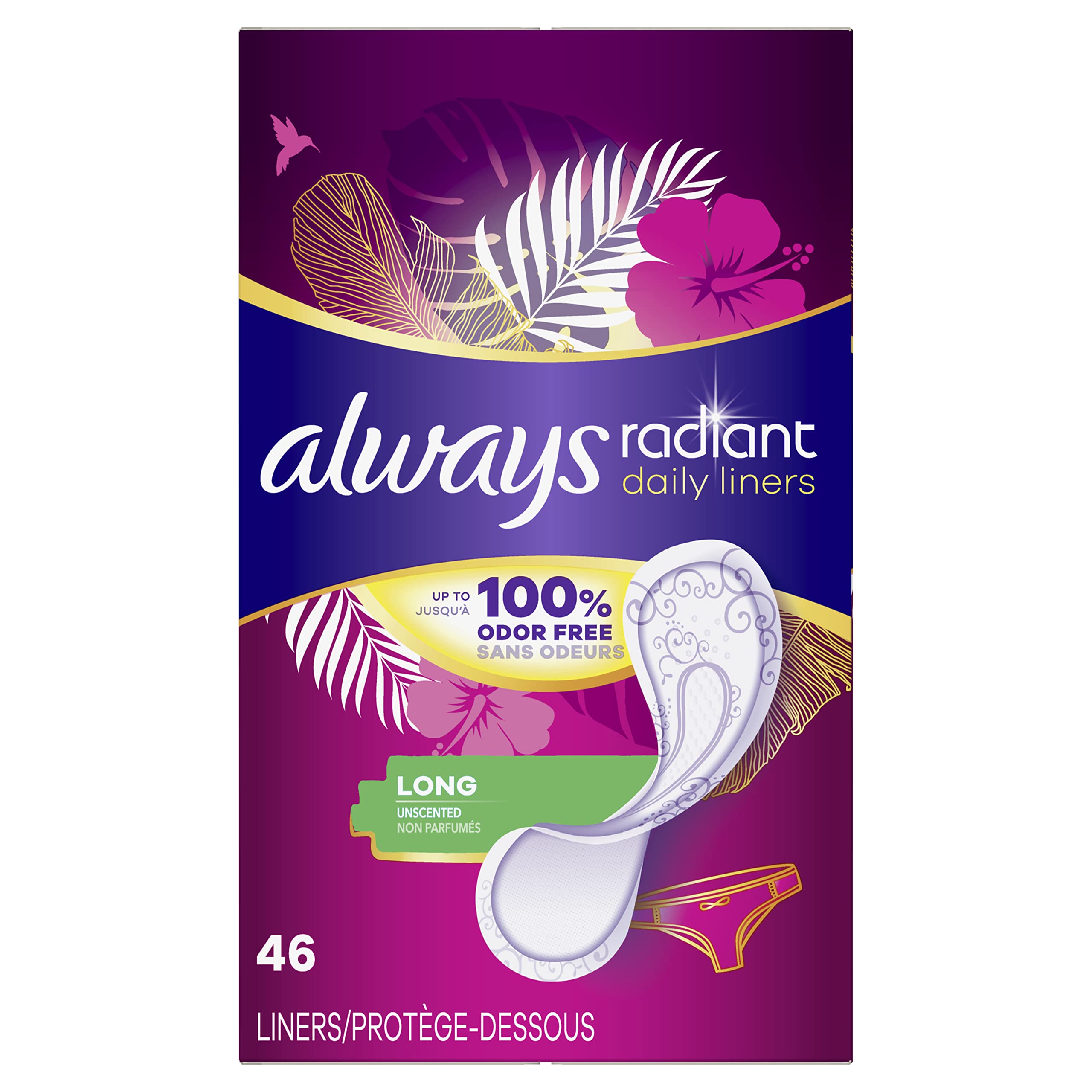 Always Radiant Daily Liners Long con cobertura bikini para mayor comodidad diaria.