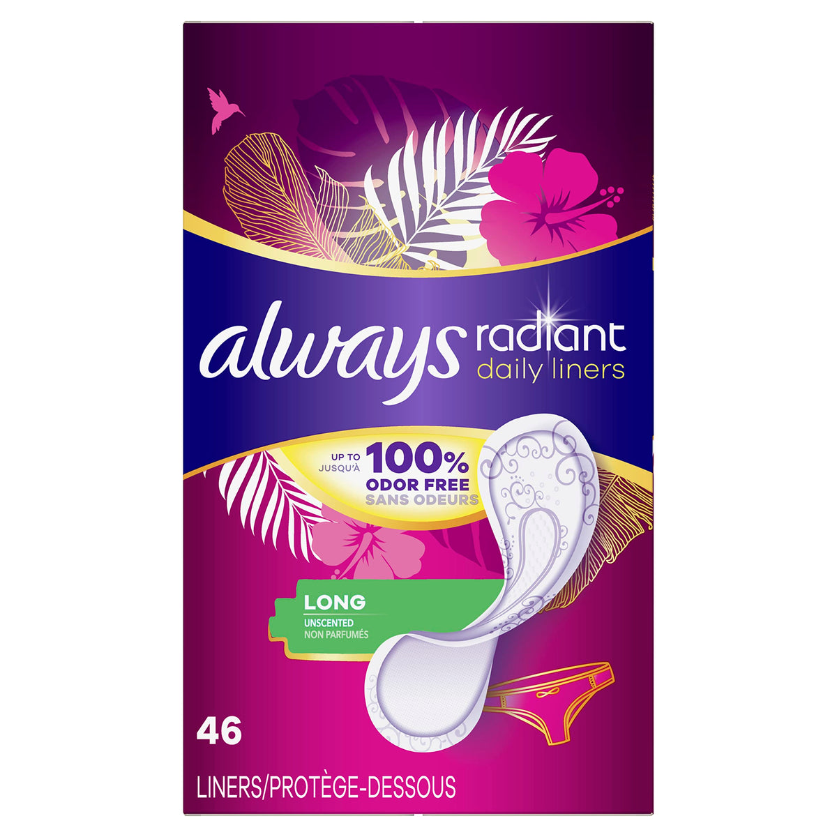 Always Radiant Daily Liners Long con cobertura bikini para mayor comodidad diaria.