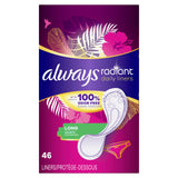 Always Radiant Daily Liners Long con cobertura bikini para mayor comodidad diaria.