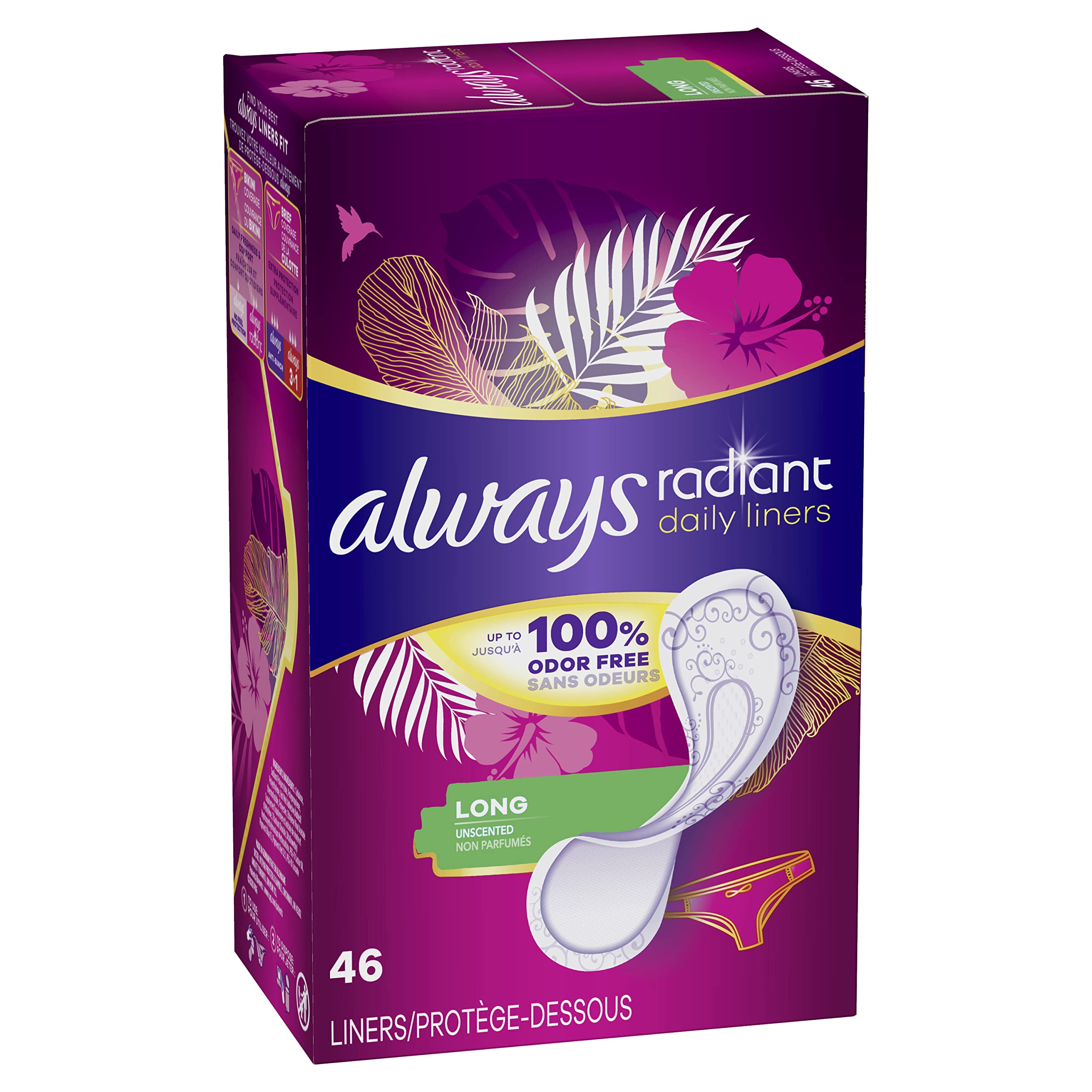 Always Radiant Daily Liners Long protección sin olor para uso diario.
