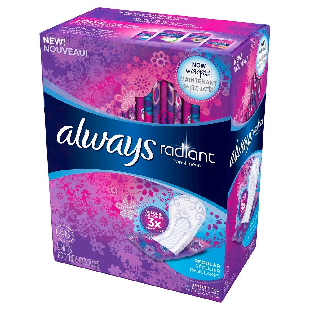 Always Radiant Liners con empaque individual para protección portátil y discreta.