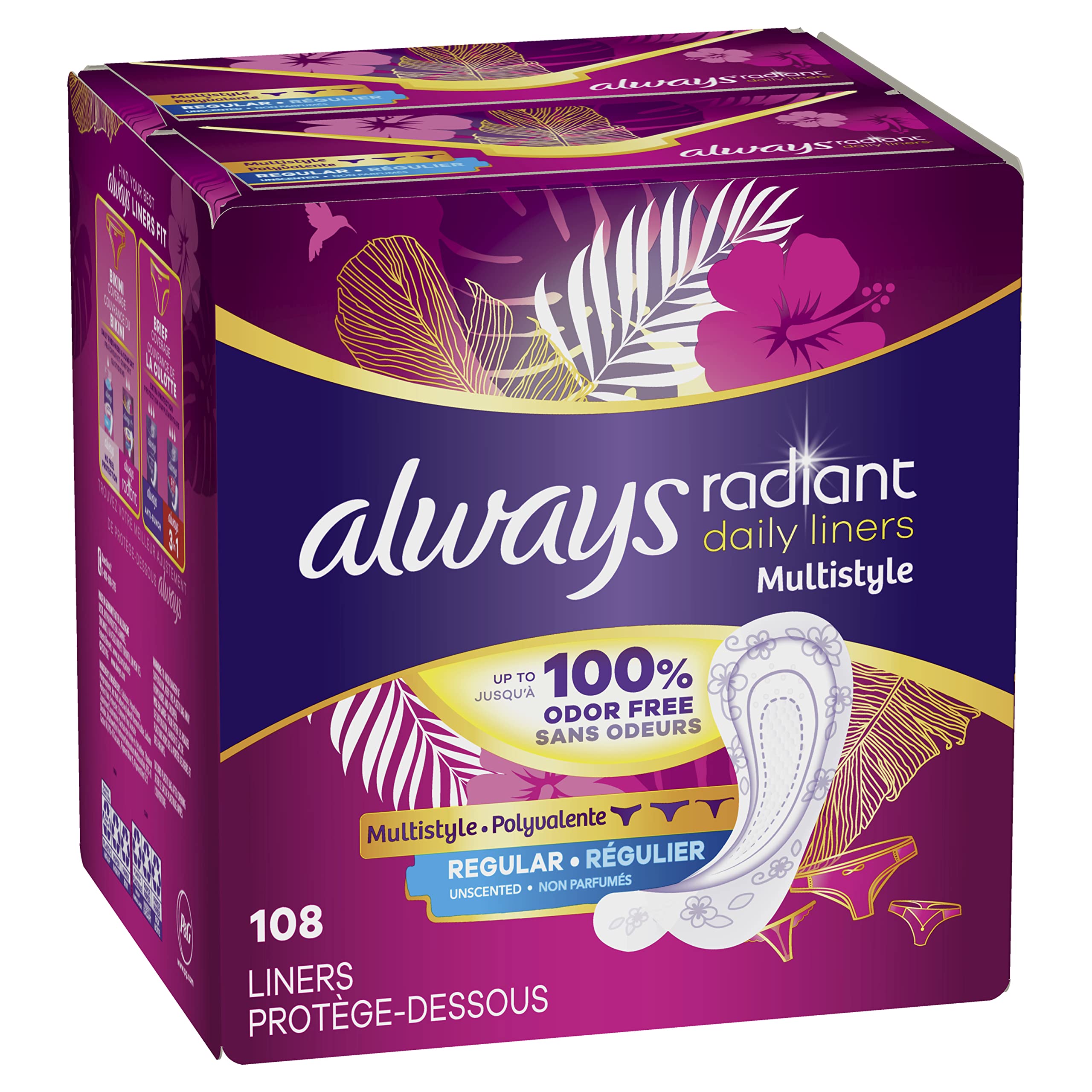 Always Radiant protectores diarios multiestrilo, ajuste perfecto para distintos estilos de lencería