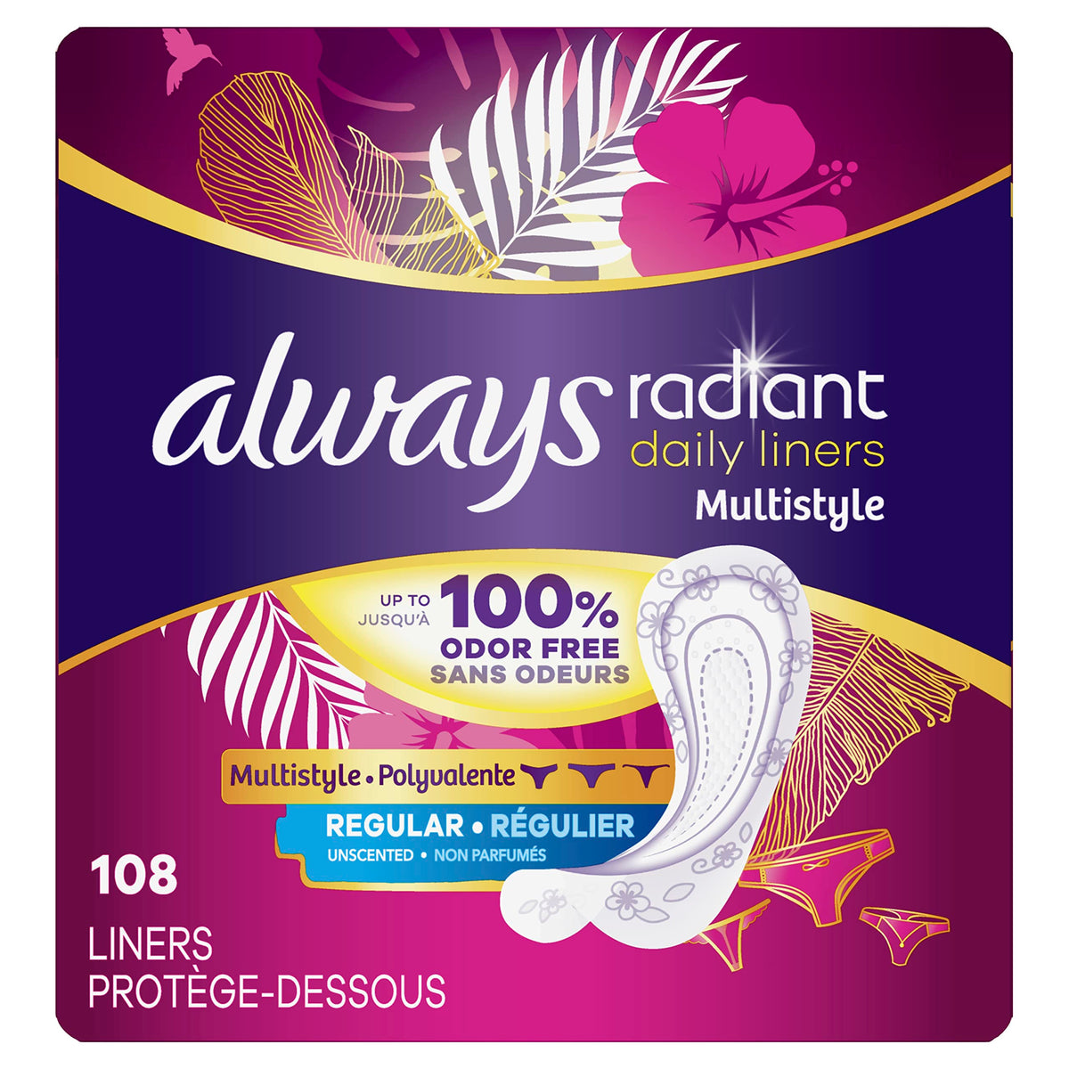 Always Radiant protectores diarios multiestrilo, empaque compacto para llevar en cualquier bolso