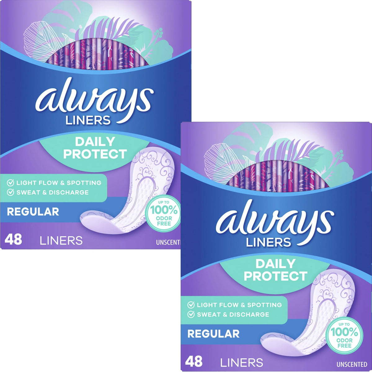 Always Radiant protectores diarios, regular sin perfume, vista frontal para protección diaria discreta.