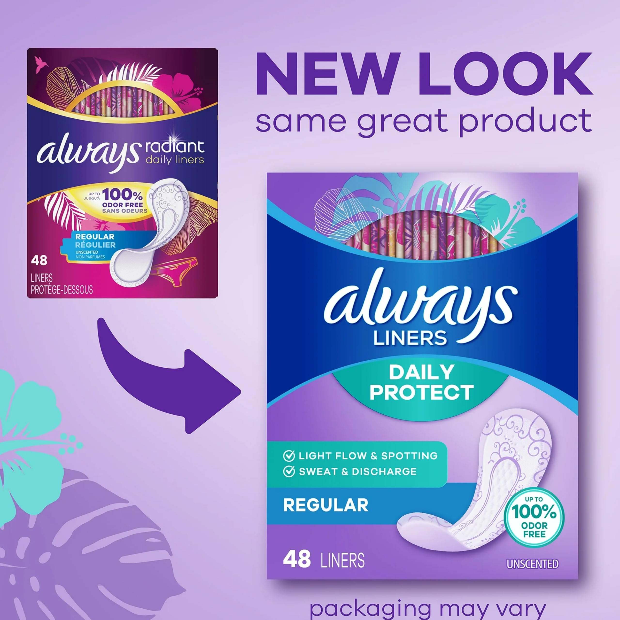 Always Radiant protectores diarios, regular sin perfume, fondo neutro y cómodo.