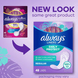 Always Radiant protectores diarios, regular sin perfume, fondo neutro y cómodo.