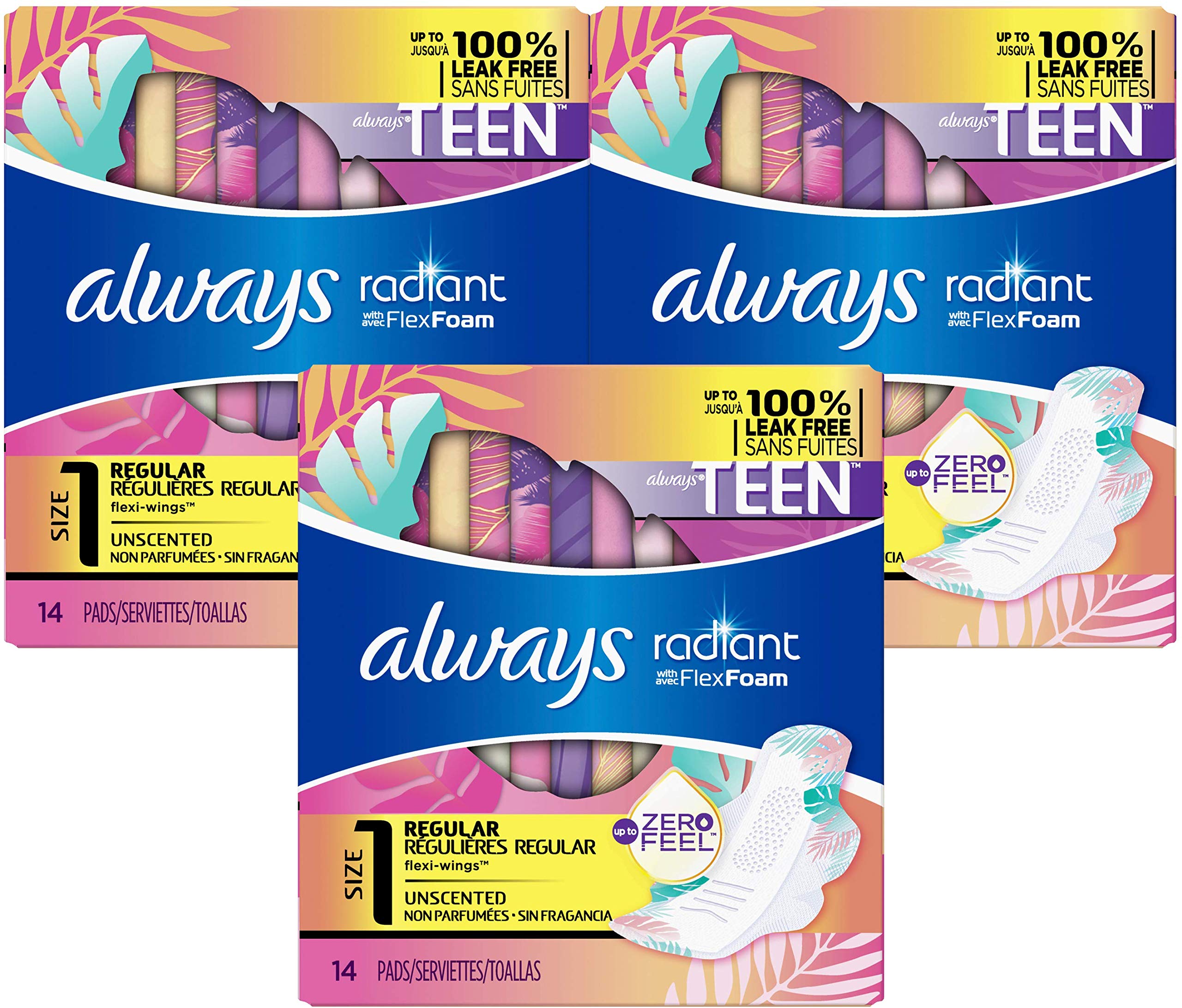 Always Radiant Protectores para adolescentes con alas, sin aroma, protección diaria