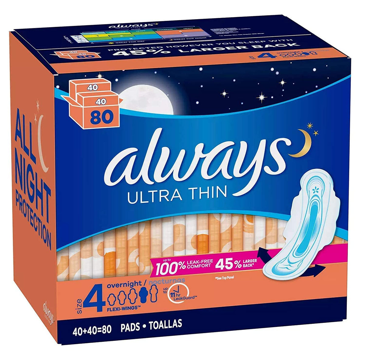 Always Ultra Delgada con Alas visible, protección nocturna confiable para dormir sin interrupciones.