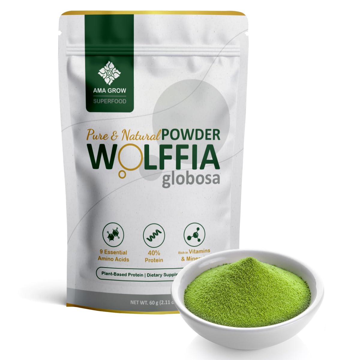 AMA GROW Wolffia en paquete de 60 g, fuente de proteína vegetal para la dieta diaria.