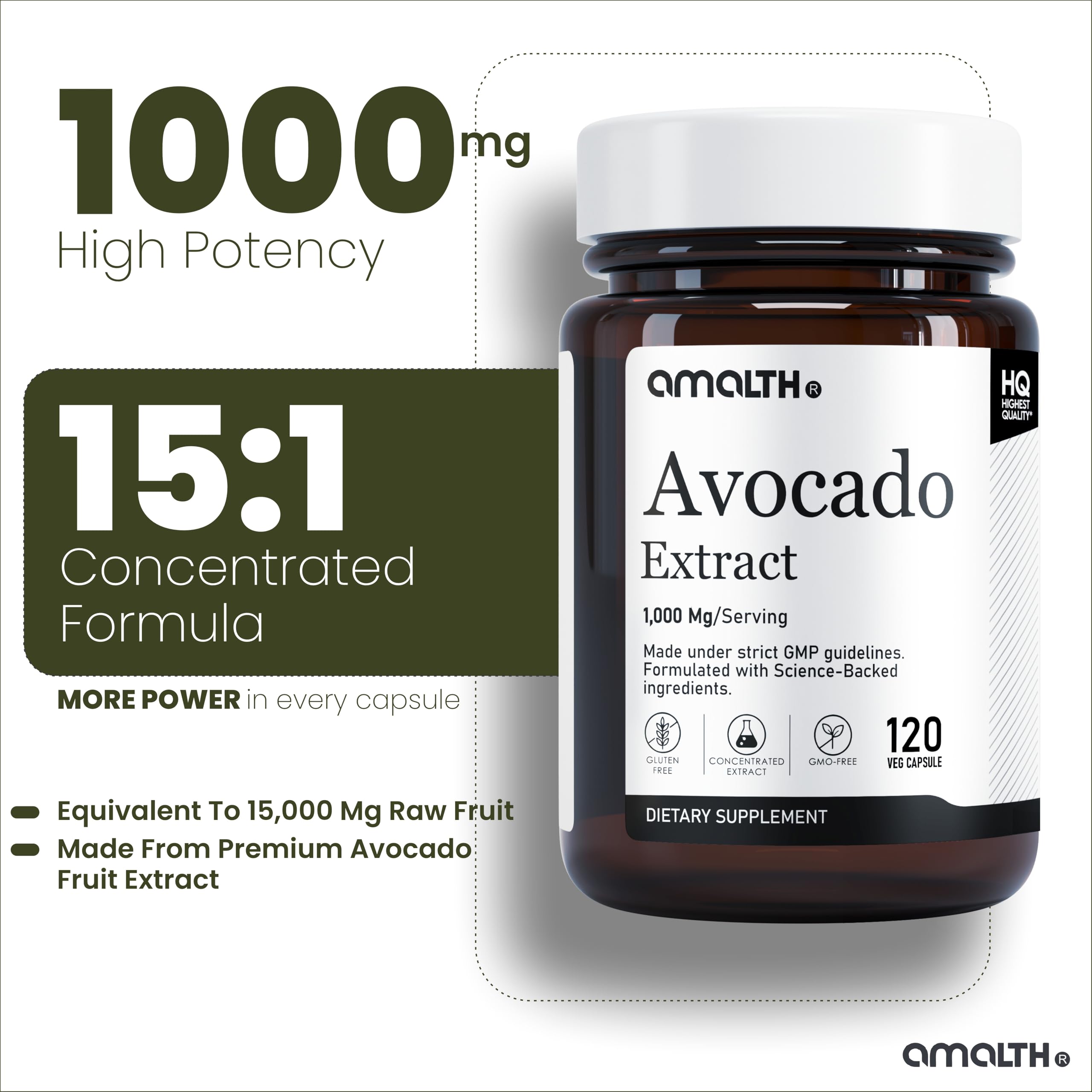 AMALTH Avocado cápsulas dorso: etiqueta clara y sin alérgenos para confianza.