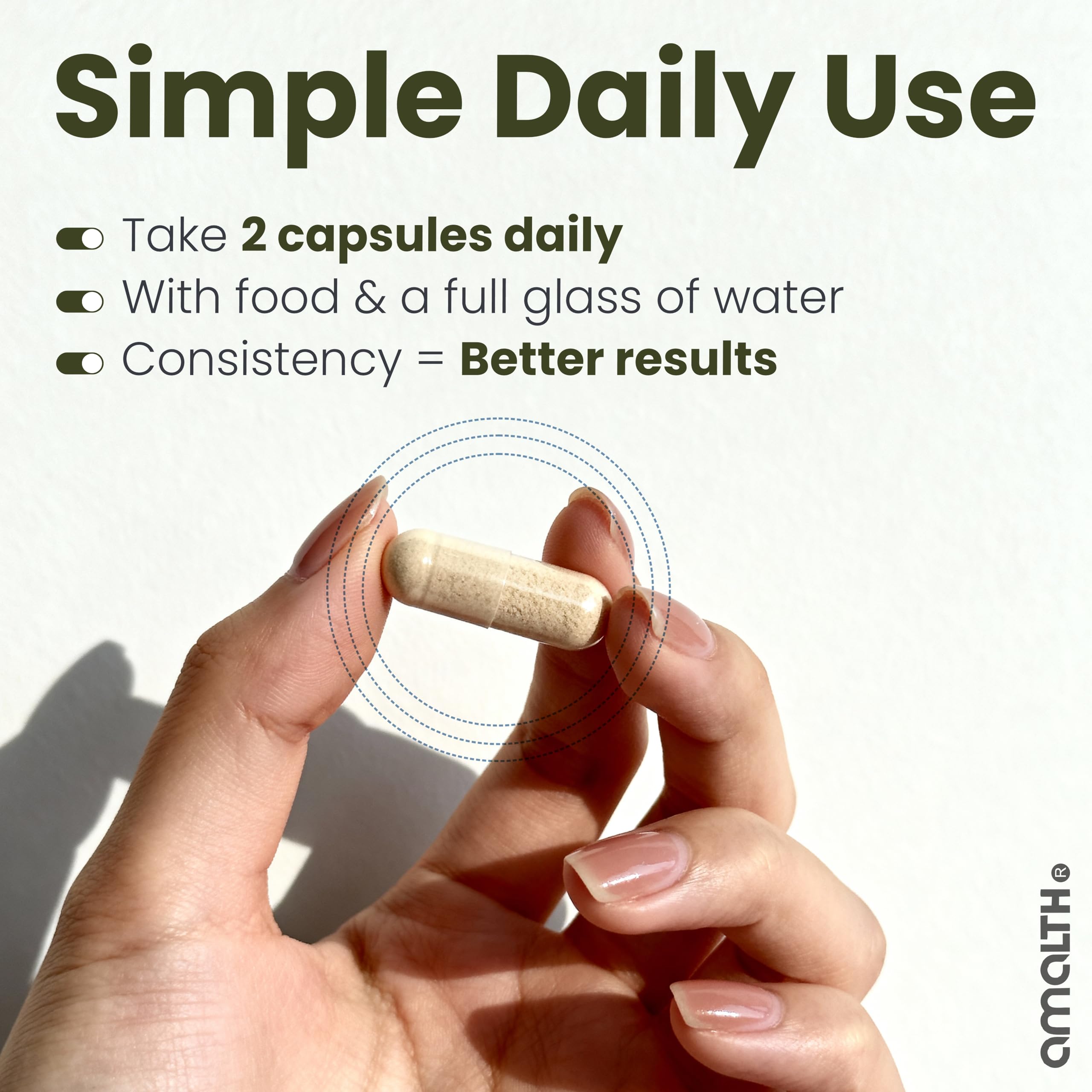 AMALTH Capsulas uso diario: dos al día con agua para consistencia.