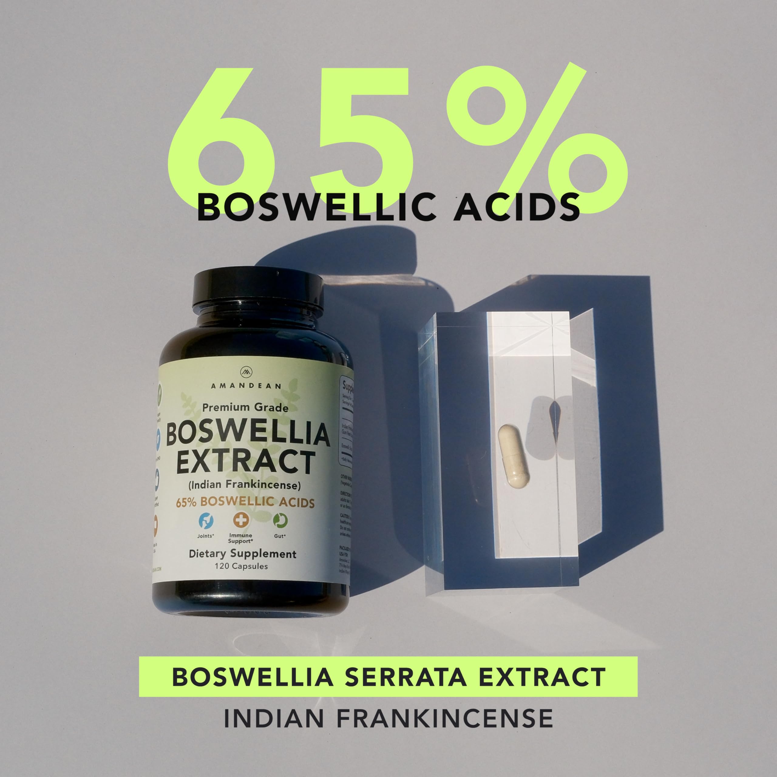 AMANDEAN Boswellia etiqueta frontal, información clara para elegir suplemento diario.