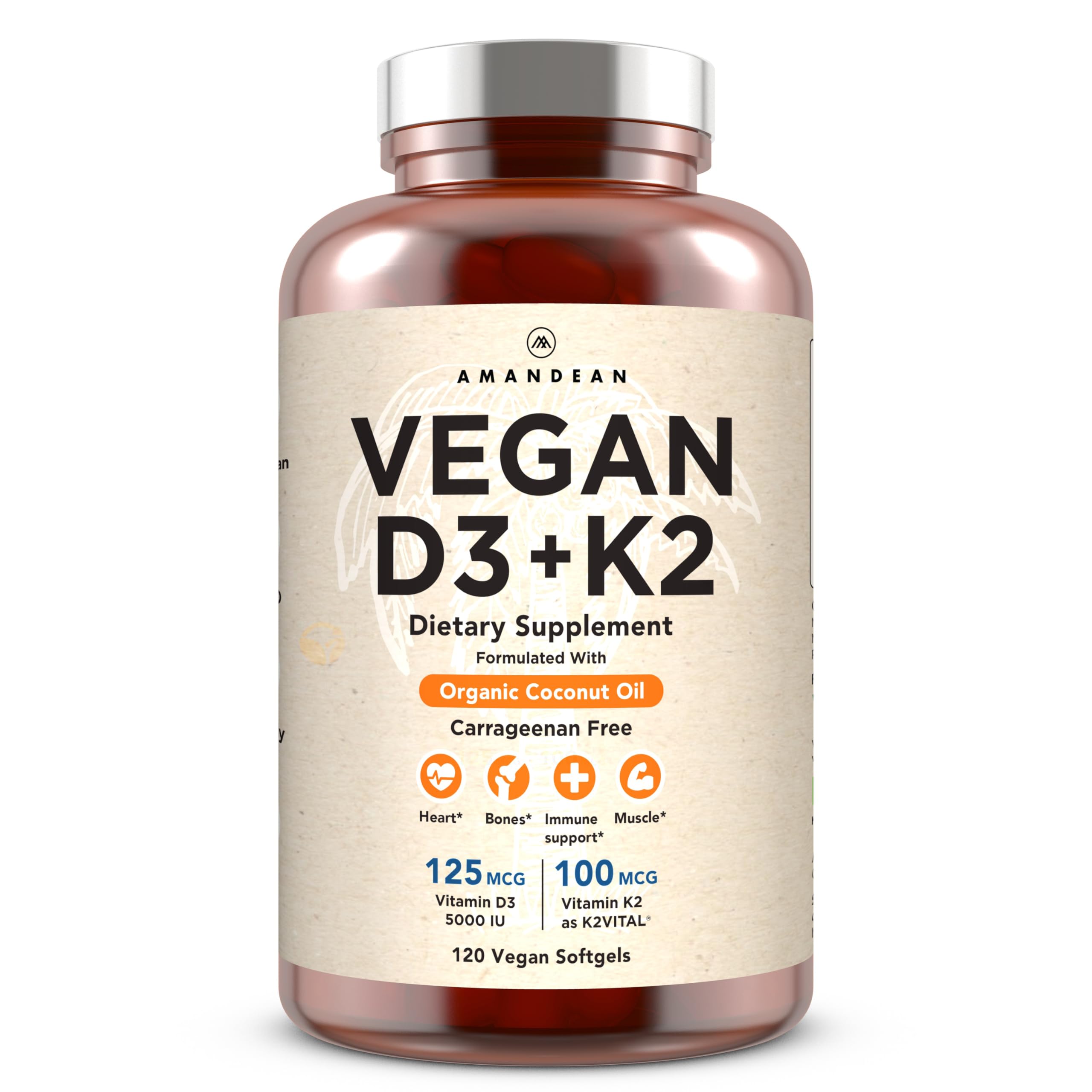 AMANDEAN Vitamina D3 K2 en frasco, apoyo para huesos y bienestar.