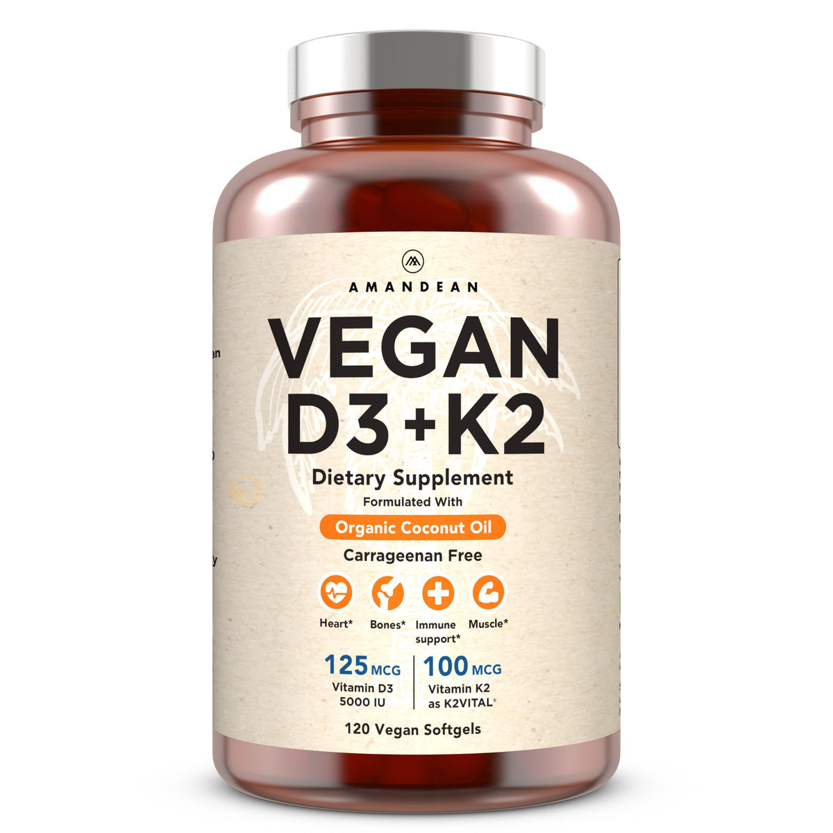 AMANDEAN Vitamina D3 K2 en frasco, apoyo para huesos y bienestar.