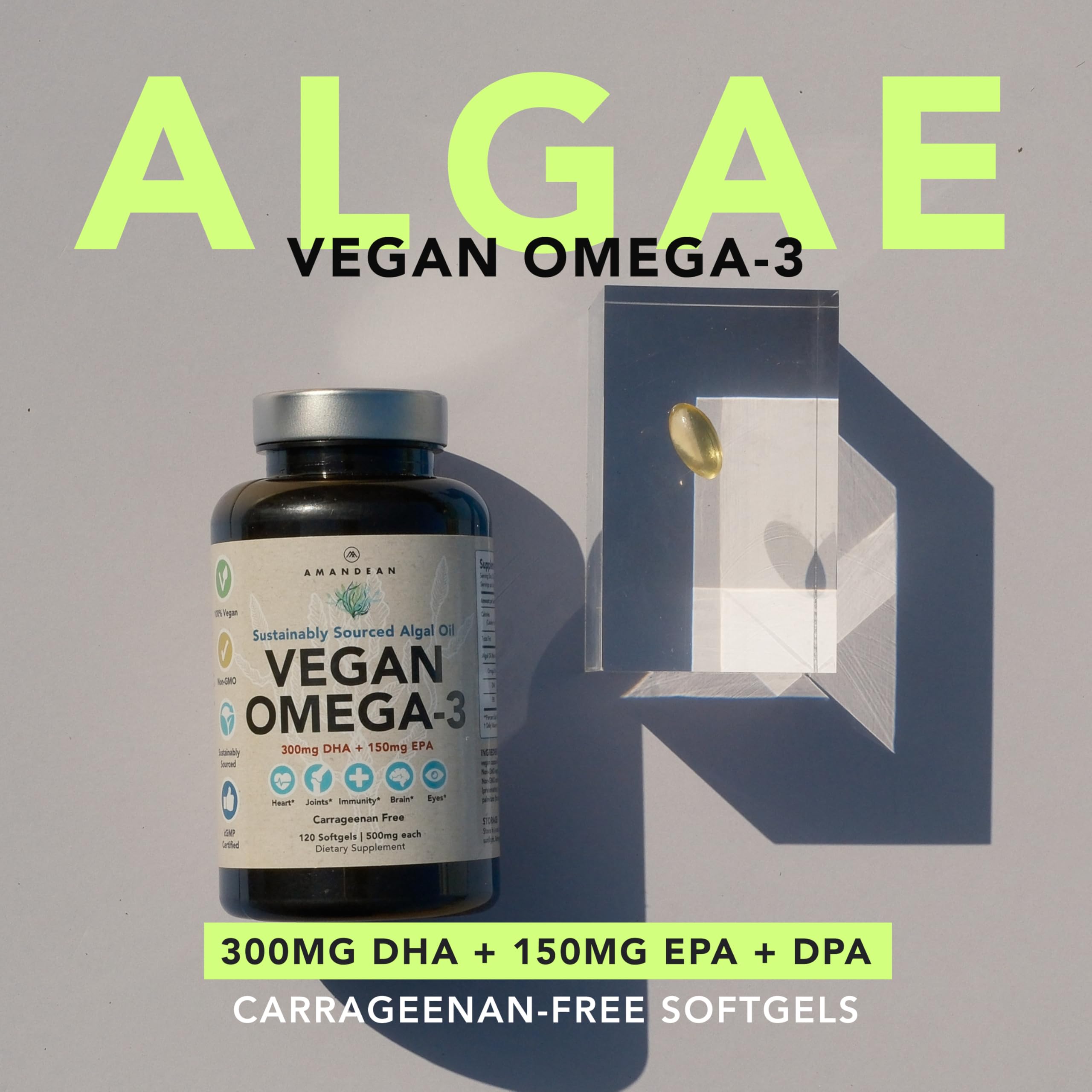 AMANDEAN cápsulas de algas, primer plano mostrando DHA y EPA de alta biodisponibilidad.