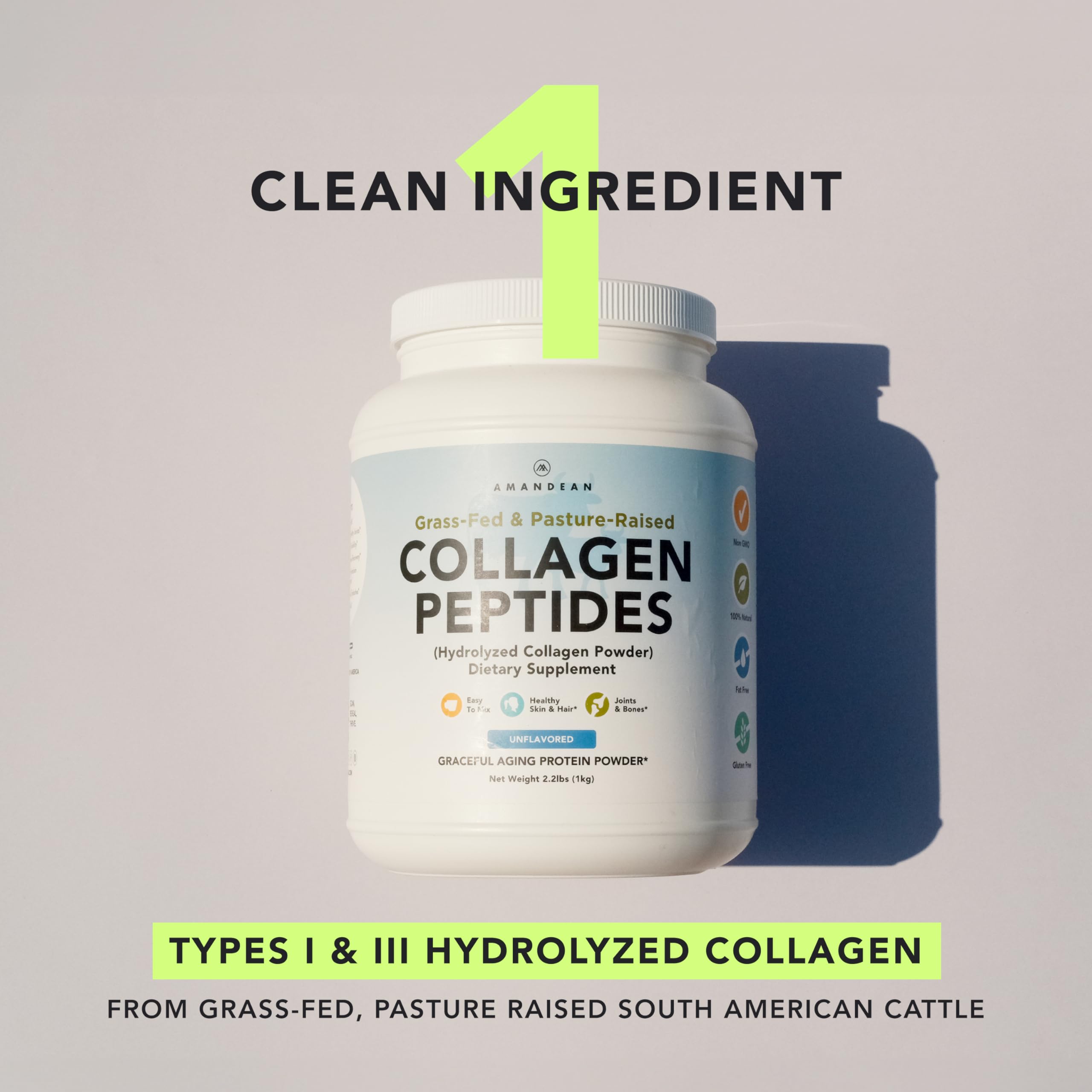 Colágeno AMANDEAN hidrolizado enzimáticamente, grano fino para mejor absorción.