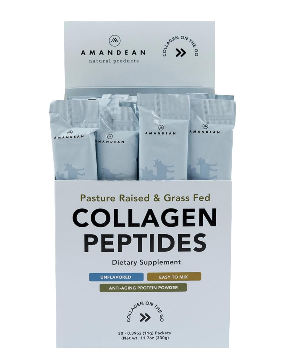 AMANDEAN colágeno en paquetes para llevar, ingesta rápida