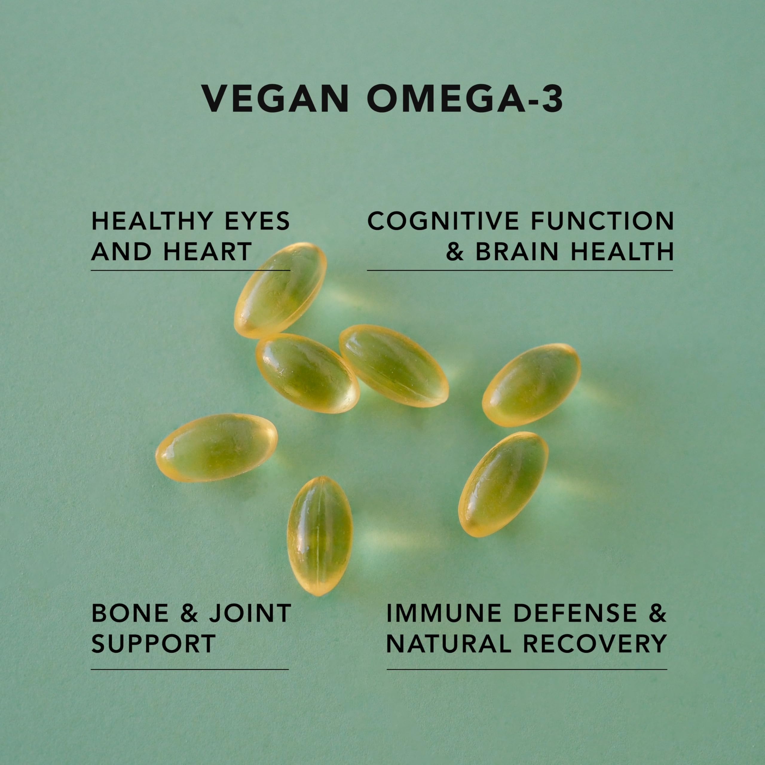 AMANDEAN etiqueta Omega-3 algas, origen vegetal y pureza certificada.