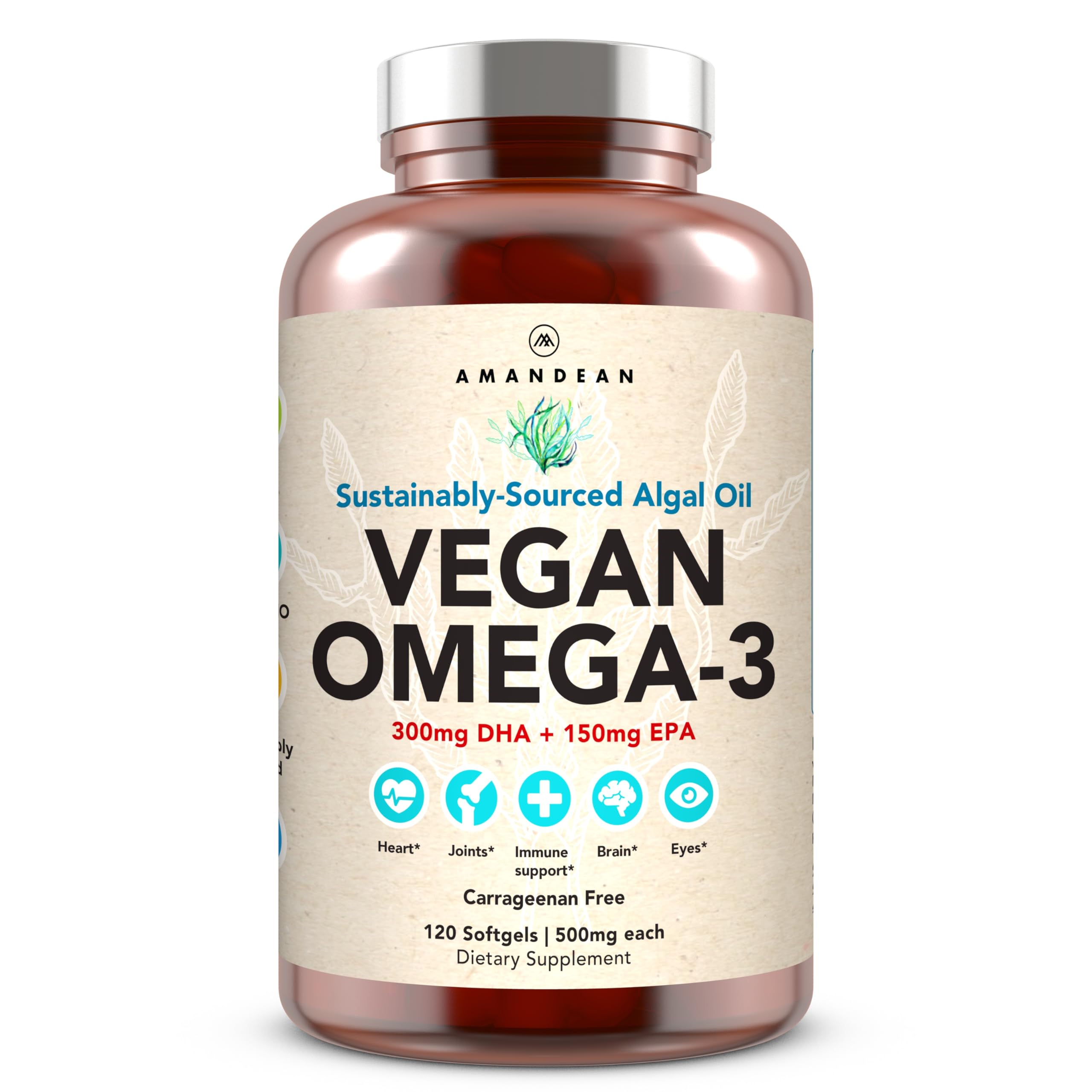 AMANDEAN Omega-3 de algas, cápsulas suaves, apoyo diario para cerebro y corazón.