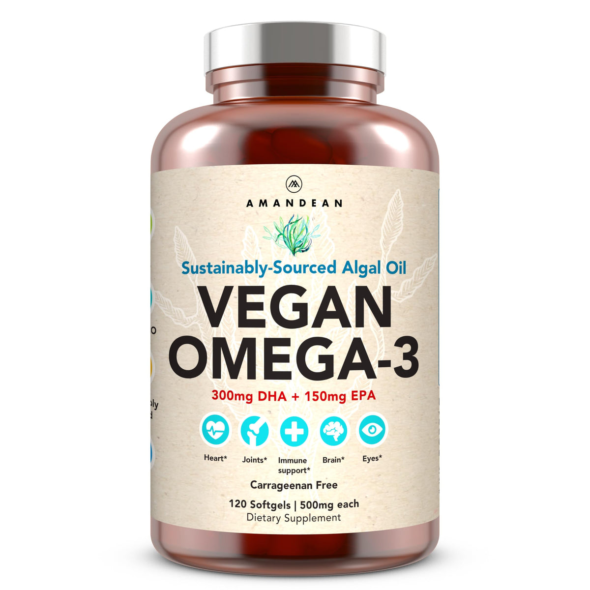 AMANDEAN Omega-3 de algas, cápsulas suaves, apoyo diario para cerebro y corazón.