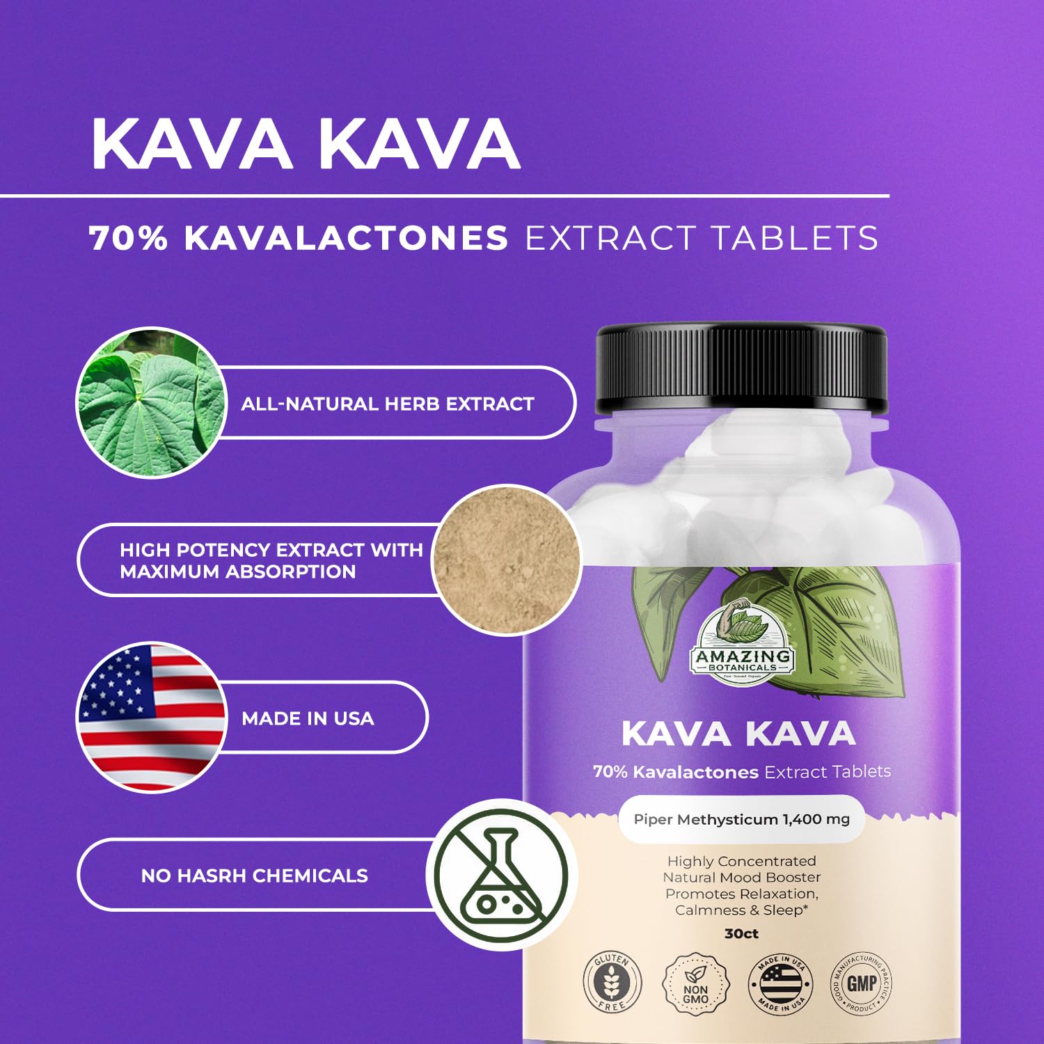 Amazing Botanicals Kava Extracto Tabletas etiqueta clara: información detallada.