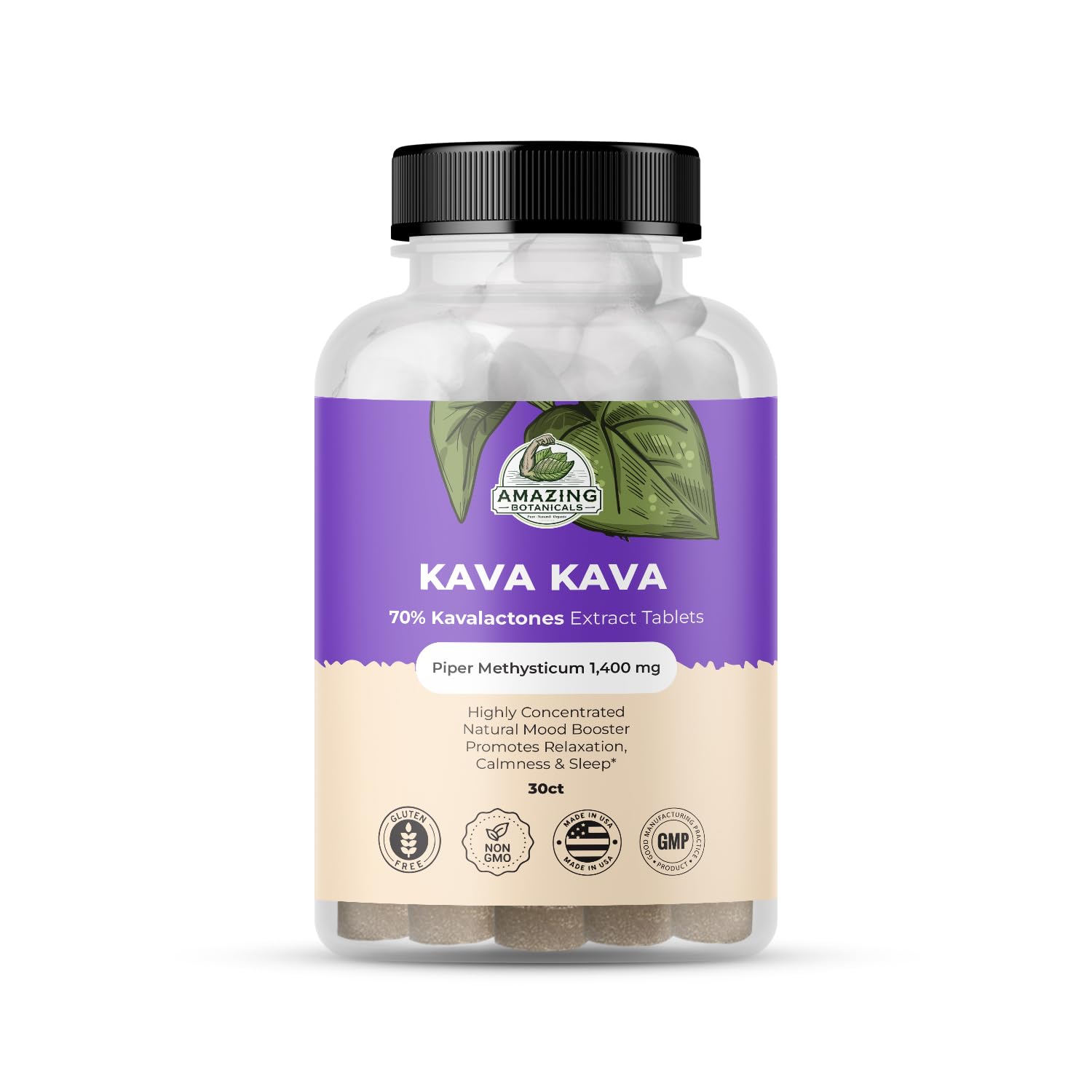 Amazing Botanicals Kava Extracto Tabletas frente: dosis diaria fácil para relajación.
