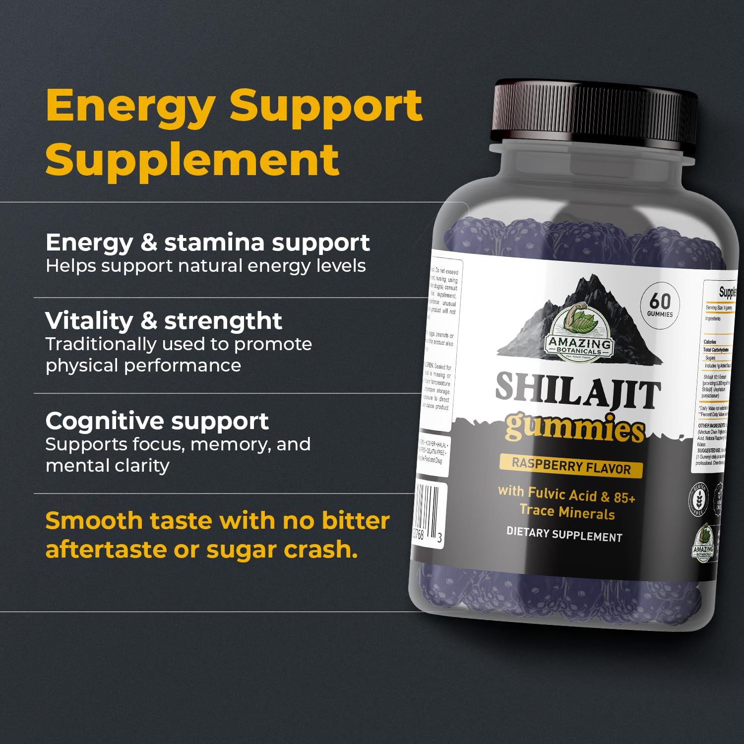 Complejo de ácido fúlvico y minerales en Amazing Botanicals Shilajit Gummies para nutrición celular.