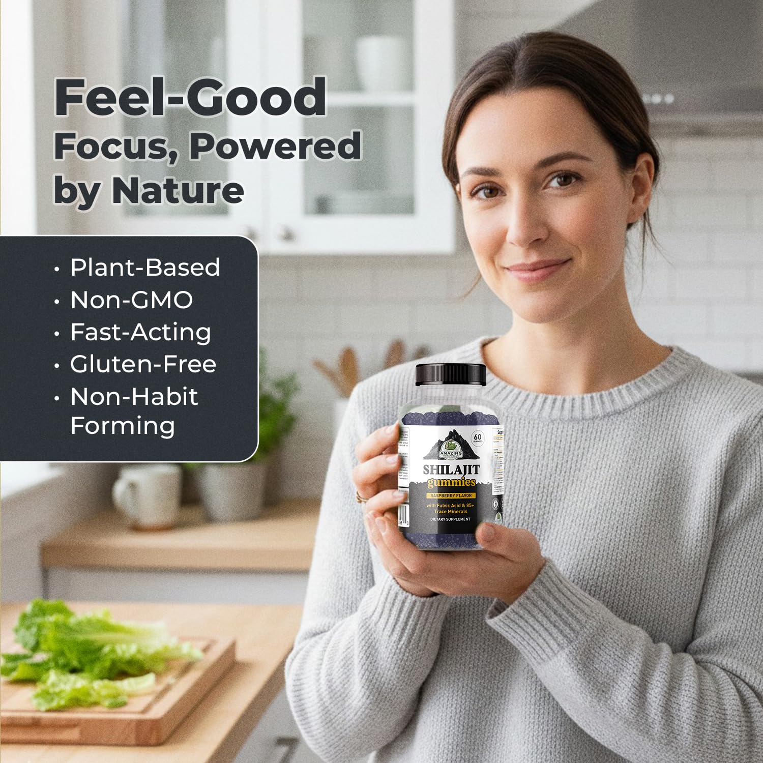 Sabor frambuesa de Amazing Botanicals Shilajit Gummies, placer suave al masticar.