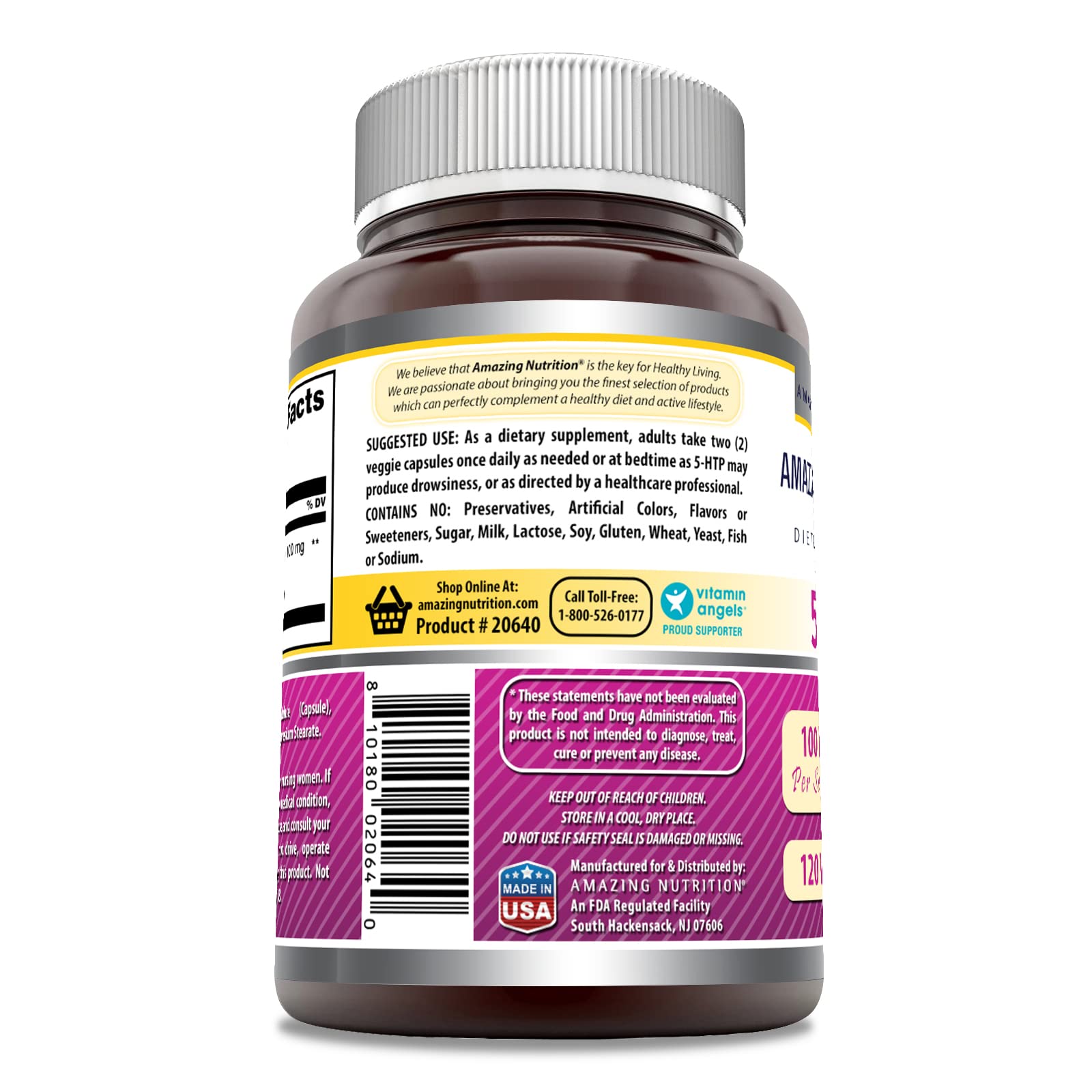 Amazing Formulas 5-HTP etiqueta clara con información de dosis