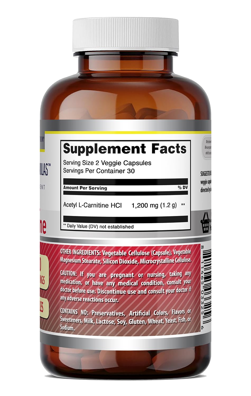 Amazing Formulas Acetil L-Carnitina 1200 mg, etiqueta clara, lista de ingredientes.