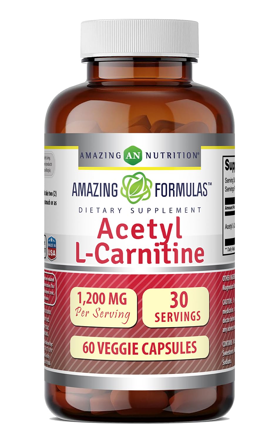 Amazing Formulas Acetil L-Carnitina 1200 mg, botella frontal, suplemento práctico para la rutina diaria.