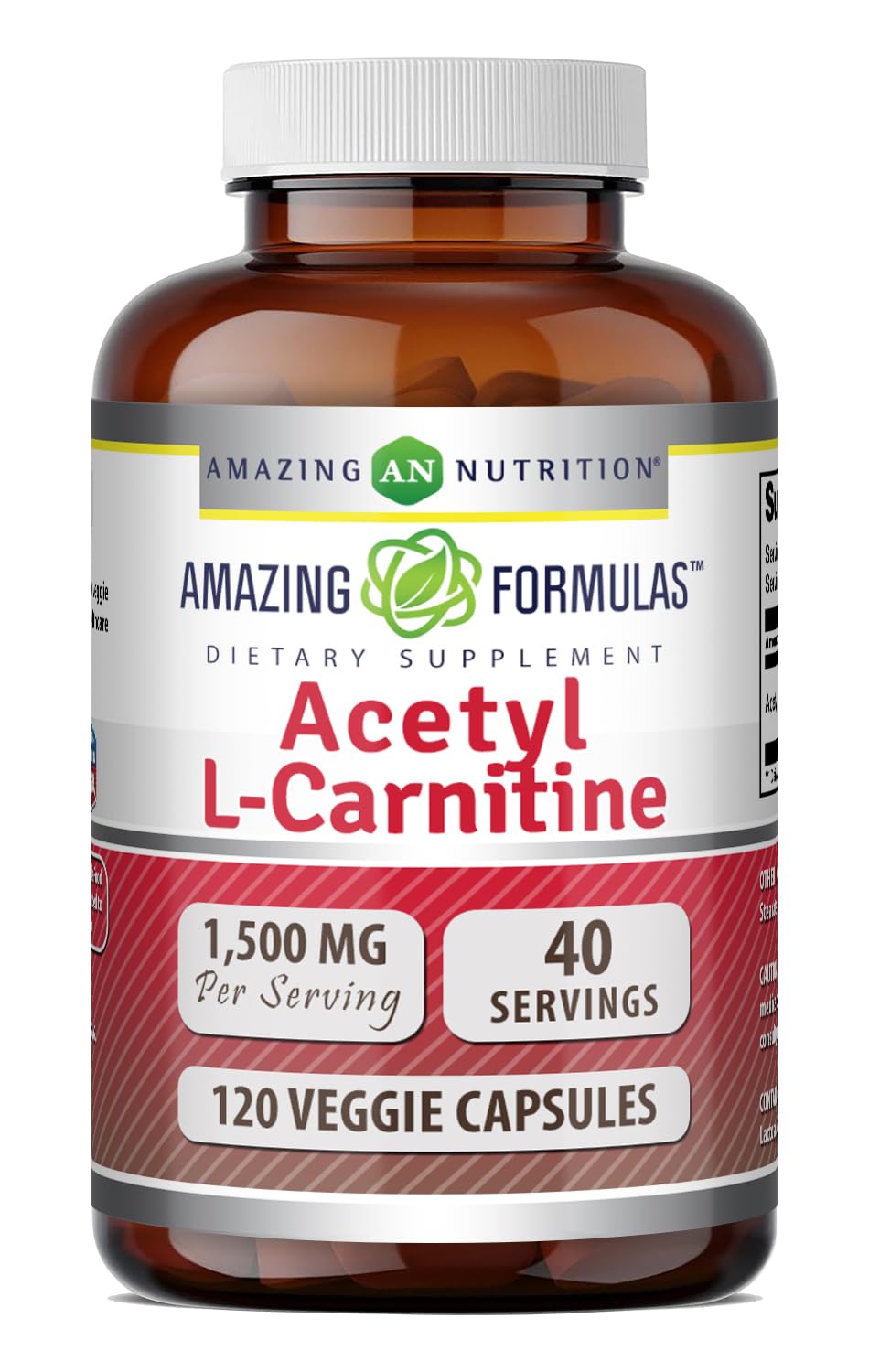 Amazing Formulas Acetyl L-Carnitine, botella frontal destaca la presentación para comprar con facilidad.