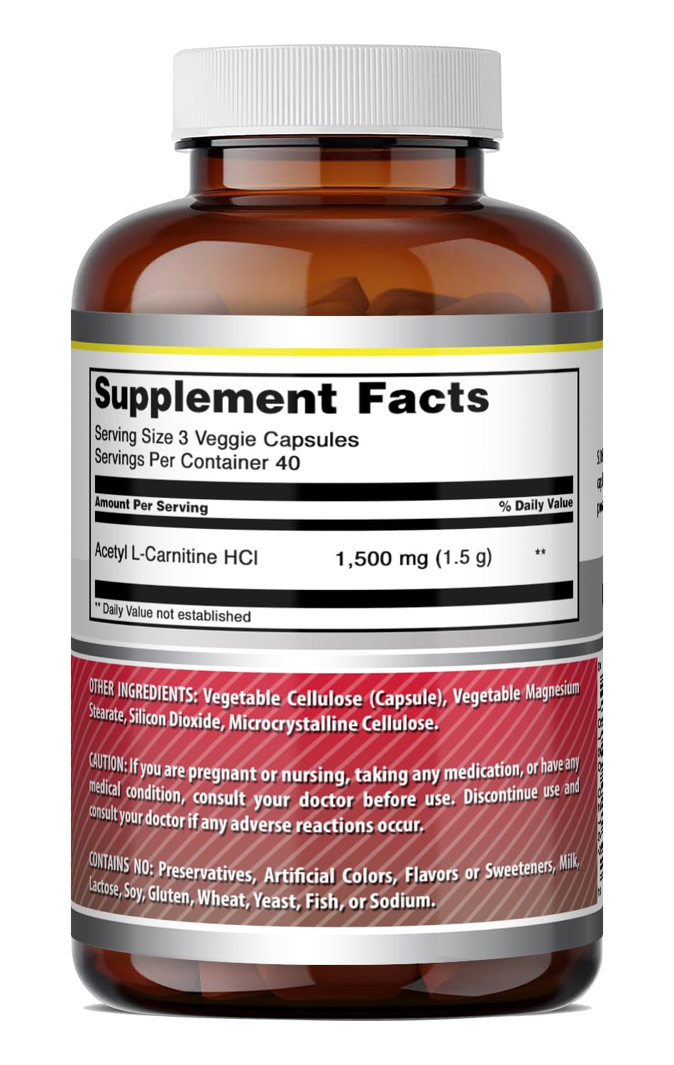 Amazing Formulas Acetyl L-Carnitine, etiqueta cercana resalta ingredientes y certificaciones de calidad.