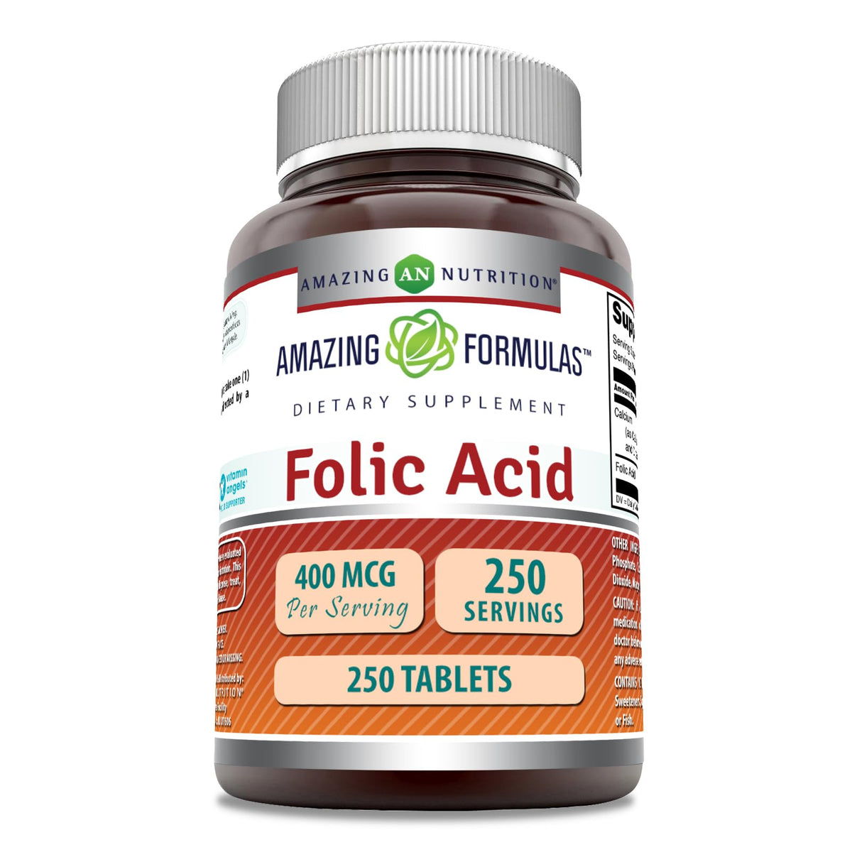 Amazing Formulas ácido fólico 400 mcg, tabletas para uso diario y apoyo nutricional.