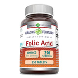 Amazing Formulas ácido fólico 400 mcg, tabletas para uso diario y apoyo nutricional.