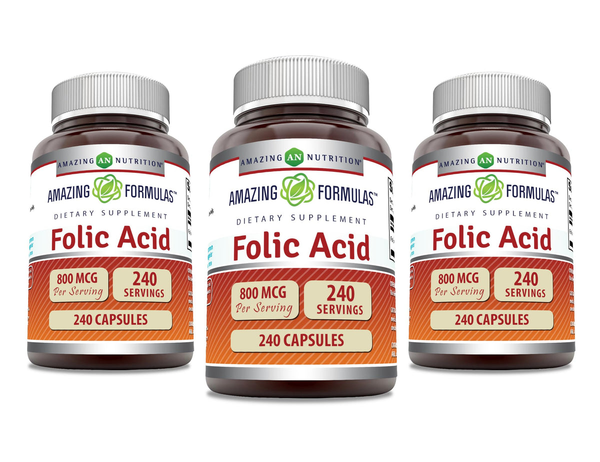 Amazing Formulas ácido fólico 800 mcg, botella para uso diario
