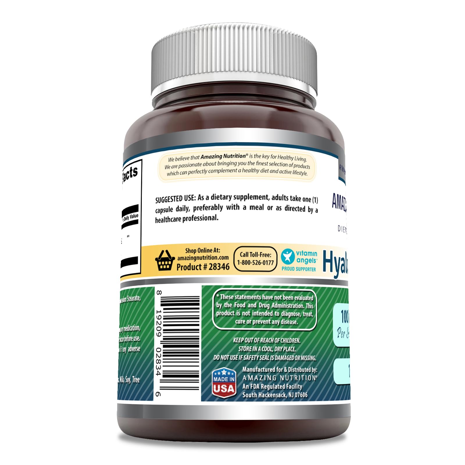 Amazing Formulas ácido hialurónico 100 mg - etiqueta clara que destaca pureza y potencia.